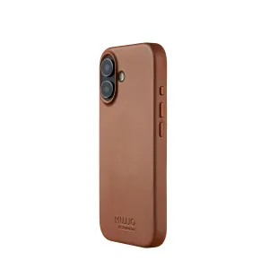 Funda Mujjo de cuero marrón para iPhone 17 con borde elevado, compatible con MagSafe y recorte para la cámara