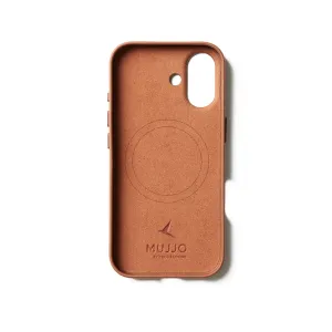 Funda de cuero color coñac para iPhone 17 de Mujjo con anillo MagSafe, recorte para la cámara y cubrebotones