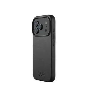 Funda de cuero negro Mujjo para iPhone 17 Pro con MagSafe, borde elevado para la cámara y logotipo en relieve