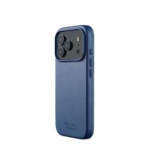 Funda de piel Mujjo para iPhone 17 Pro en Azul Mónaco, con recorte elevado para la cámara y botones laterales con respuesta precisa