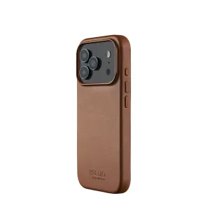 Funda de cuero color coñac Mujjo para iPhone 17 Pro, con recorte elevado para la cámara y botones laterales, compatible con MagSafe