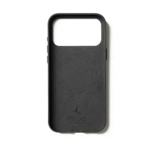 Funda de cuero negro Mujjo para iPhone 17 Pro Max con anillo estilo MagSafe y recorte para la cámara