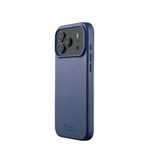 Mujjo lædercover til iPhone 17 Pro Max i blå med hævet kameraudskæring og dæksler til sideknapperne.
