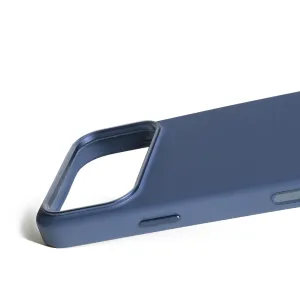 Mujjo lædercover til iPhone 17 Pro Max i Monaco-blå med hævet kameraudskæring og knapbeskyttere