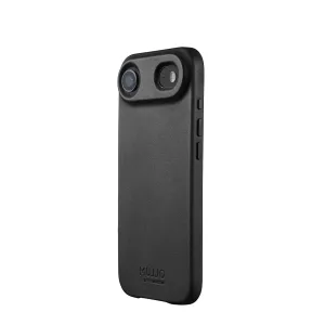 Funda de cuero negro Mujjo para iPhone 17 Air con recorte elevado para la cámara y botones laterales, compatible con MagSafe.