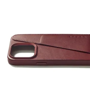 Mujjo burgundy leather iPhone 15 Pro Max wallet case with camera cutout and embossed logo