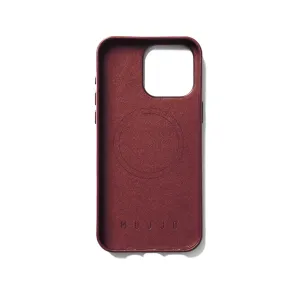 Mujjo burgundy leather iPhone 15 Pro Max wallet case with camera cutout and embossed logo