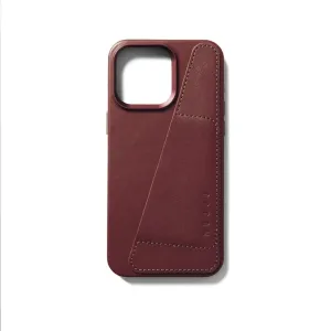 Mujjo iPhone 15 Pro Max wallet leather case in burgundy with camera cutout and card pocket