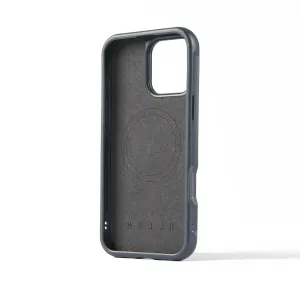 Coque Mujjo Shield pour iPhone 16 Pro Max en gris foncé, avec une grande découpe pour l’appareil photo et un intérieur texturé