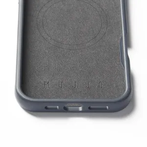 Coque Mujjo Shield Case pour iPhone 16 Pro Max en bleu foncé, avec intérieur texturé et logo en relief