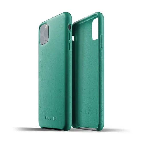Mujjo green leather case for iPhone 11 Pro Max shown front and back, with raised camera cutout and slim profile