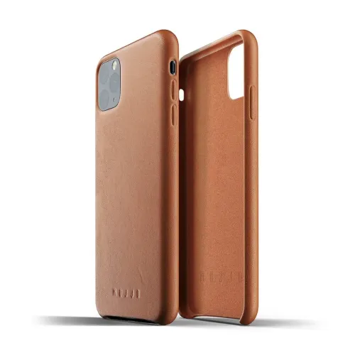 Mujjo tan leather case for iPhone 11 Pro Max, shown front and interior views with microfiber lining.