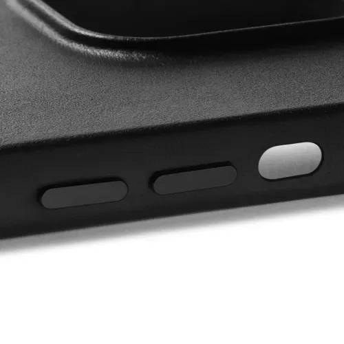 Mujjo Full Leather Case for iPhone 14, black leather close-up with raised side buttons and edge protection