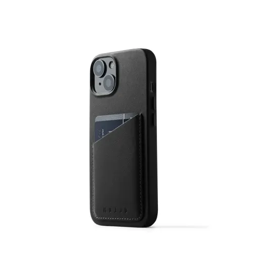 Mujjo Full Leather Wallet Case för iPhone 14 i svart läder med kortficka på baksidan och upphöjd kamerautskärning
