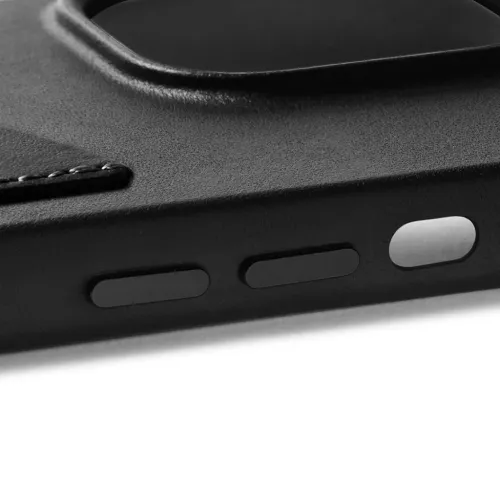 Mujjo black leather wallet case for iPhone 14 with stitched edge and metal side buttons