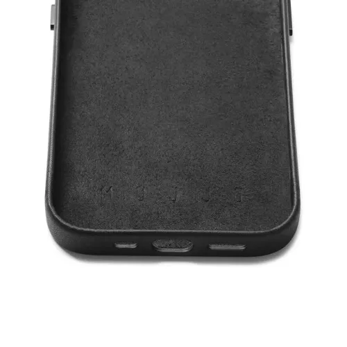 Mujjo black leather wallet case for iPhone 14 with embossed logo, rounded edges, and bottom cutouts