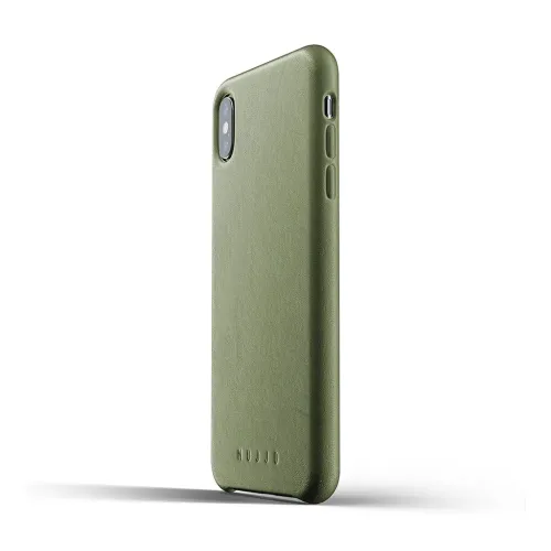 Mujjo leather case for iPhone XS Max in olive green, with slim profile, camera opening, covered buttons and cut-out control button.