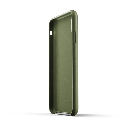 Full leather case for iPhone XS Max in olive green, shown from the inside with raised edges and cut-outs for camera and controls.