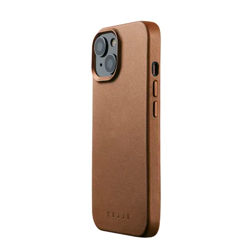 Mujjo tan leather case for iPhone 15 with raised camera cutout and side buttons