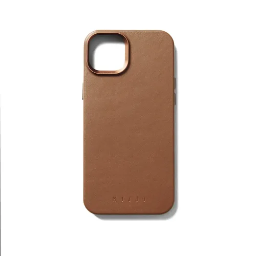 Mujjo Leather Case for iPhone 15 in tan, back view with camera cutout and embossed logo