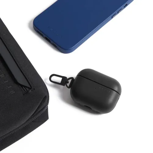 Mujjo AirPods Pro case in black and Monaco blue with a fabric pouch, shown on a clean white background