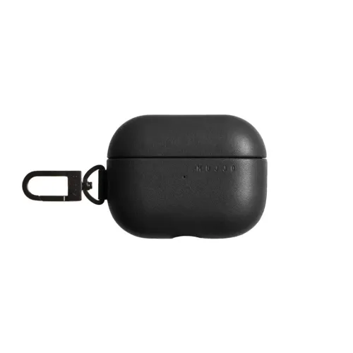 Mujjo black AirPods Pro protective case with embossed logo and carabiner clip, in matte leather-like finish