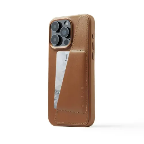 Mujjo tan leather iPhone 15 Pro Max wallet case with card slot, camera cutout and embossed logo