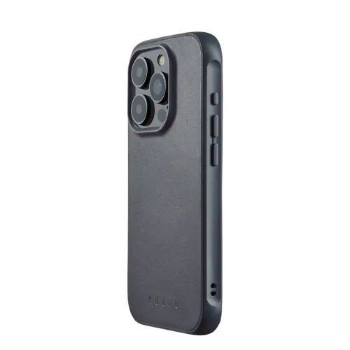 Mujjo iPhone 15 Pro Impact Case in dark gray with raised camera cutout and textured finish