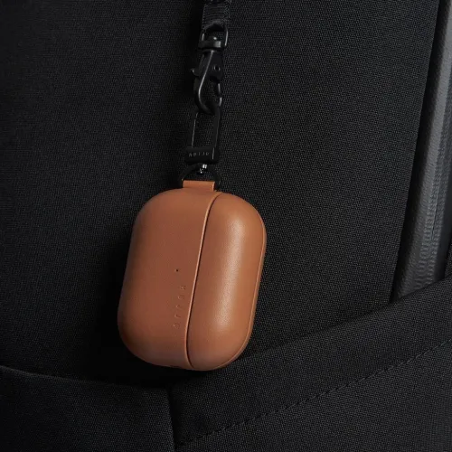 Mujjo Echelon AirPods Pro protective case in tan eco leather with clip attachment and embossed logo