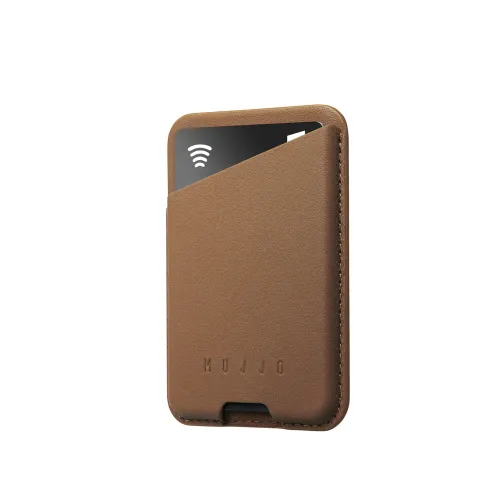 Mujjo MagSafe leather card wallet in dark tan with a card partially inserted, shown front on white