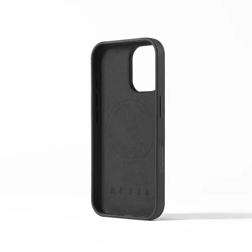 Mujjo leather case for iPhone 16, shown inside view with MagSafe alignment mark and camera cutout