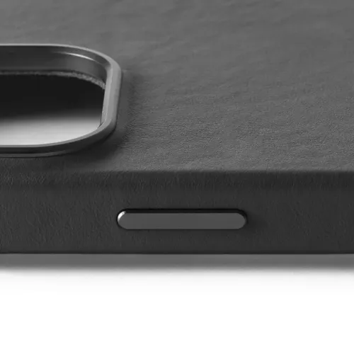 Mujjo black leather case for iPhone 16 Pro, showing the textured finish, camera cutout and button cover