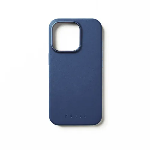 Mujjo blue leather case for iPhone 16 Pro with embossed logo, large camera cutout and MagSafe compatibility