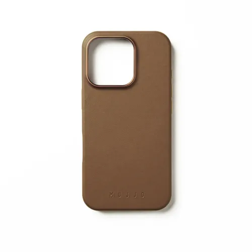 Mujjo tan leather case for iPhone 16 Pro, back view, with raised camera trim and embossed logo