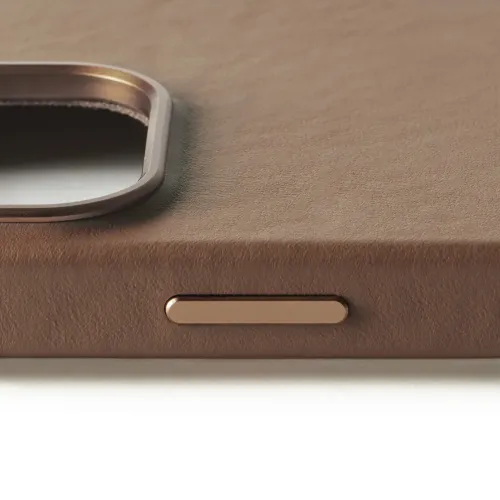 Mujjo tan leather case for iPhone 16 Pro with camera cutout and side button detail, MagSafe compatible.