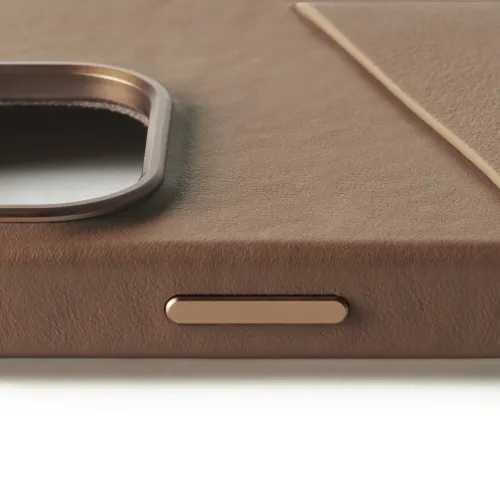 Mujjo tan leather Wallet Case for iPhone 16 Pro with raised camera cutout and side button detail