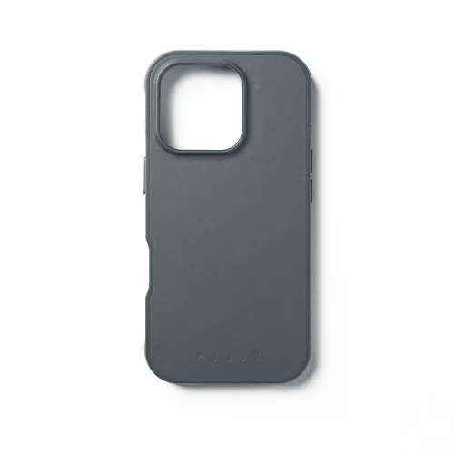 Mujjo Shield Case for iPhone 16 Pro in dark gray, with camera cutout, button covers and embossed logo