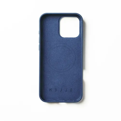 Mujjo Lederhülle in Blau für iPhone 16 Pro Max mit MagSafe-Ausrichtung, erhöhten Rändern und Kameraausschnitt