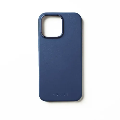 Mujjo blue leather case for iPhone 16 Pro Max with embossed logo, rounded corners and camera cutout