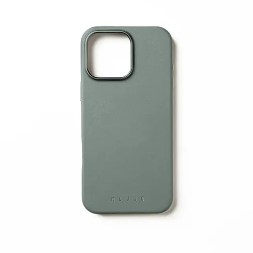 Mujjo leather case for iPhone 16 Pro Max in Green Smoke with embossed logo and camera cutout
