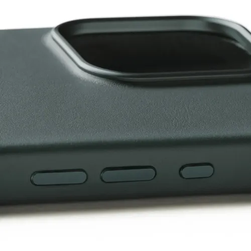 Mujjo leather case for iPhone 16 Pro Max in Livid Green, shown with camera cutout and button covers.