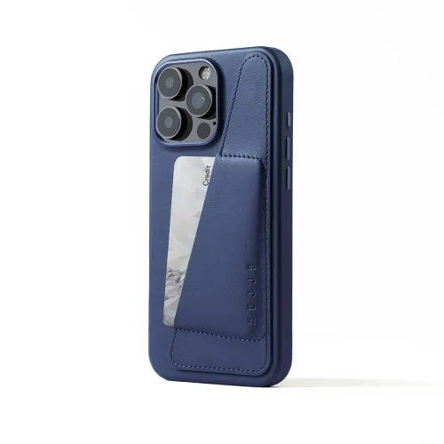 Mujjo blue leather wallet case for iPhone 16 Pro Max with card slot and MagSafe compatibility