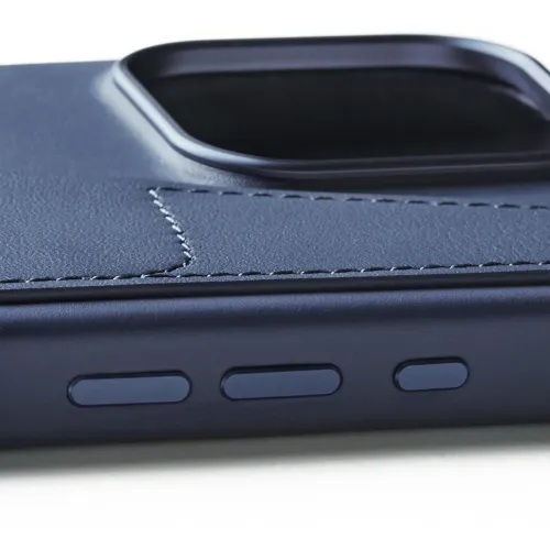 Mujjo Wallet Leather Case for iPhone 16 Pro Max in blue, with stitched leather back and MagSafe card storage