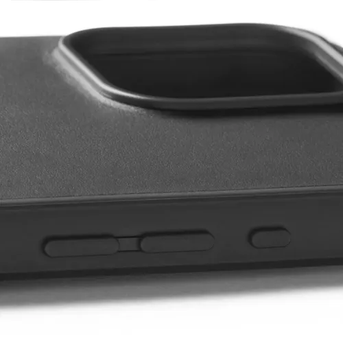 Mujjo Shield Case for iPhone 16 Pro Max in black, with raised camera cutout and side button covers
