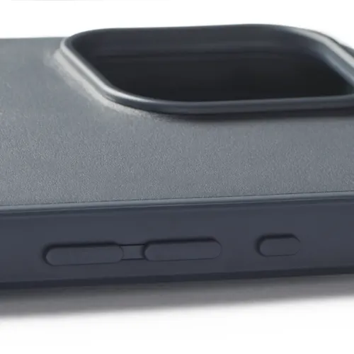 Mujjo Shield Case for iPhone 16 Pro Max in dark blue with raised camera cutout and side button covers, MagSafe compatible