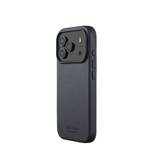 Leather case for iPhone 17 Pro in basalt with raised camera frame, two side buttons and cut-out for controls and MUJJO embossing.
