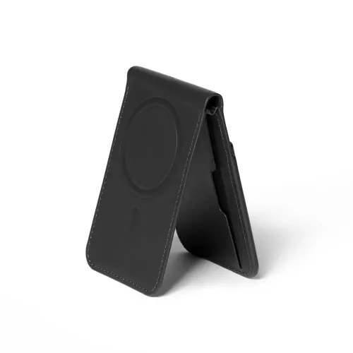 Mujjo MagSafe leather wallet stand in black, shown folded into an A-frame stand on a white background.
