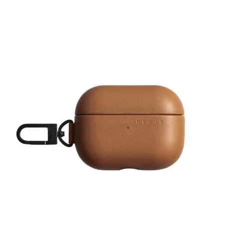 Mujjo brown AirPods Pro protective case with black carabiner clip and embossed logo
