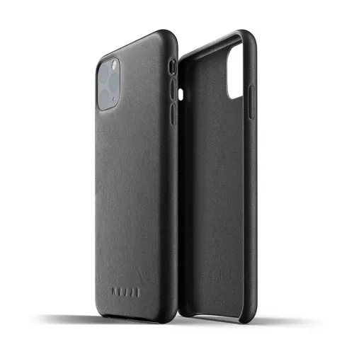 Mujjo svart helskinnsfodral för iPhone 11 Pro Max visas framifrån och invändigt med upphöjd kamerautskärning