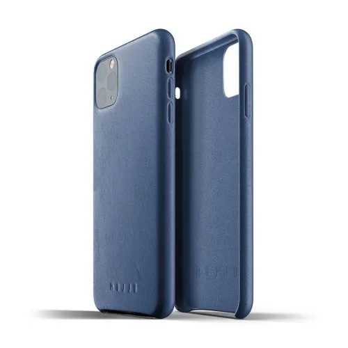 Mujjos blå iPhone 11 Pro Max-etui vises i to vinkler med udskæringer til kameraet, betjeningsknapper, mute-knap og opladningsport.
